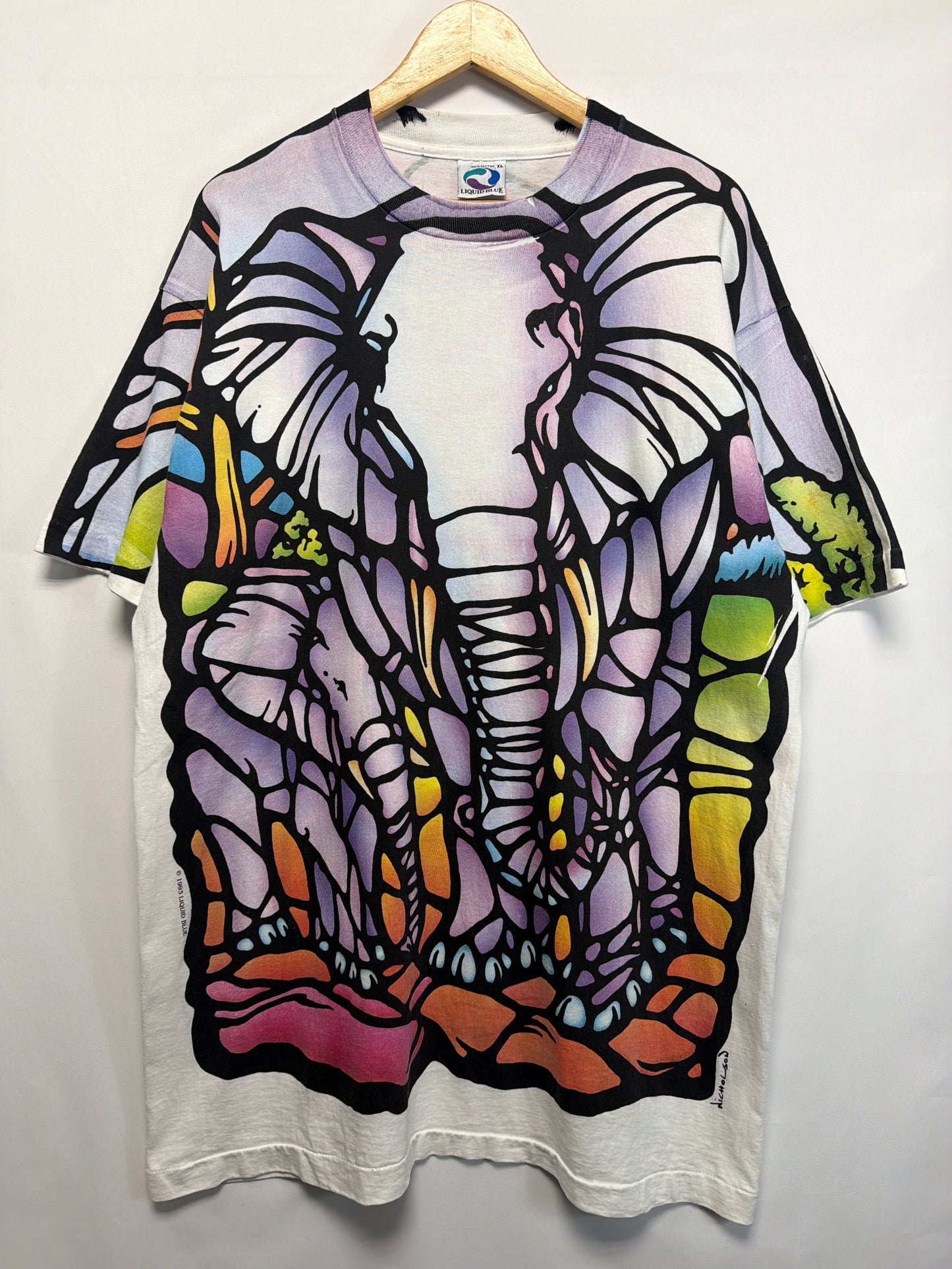 1993 Liquid Blue Stained Glass Elephants T-Shirt