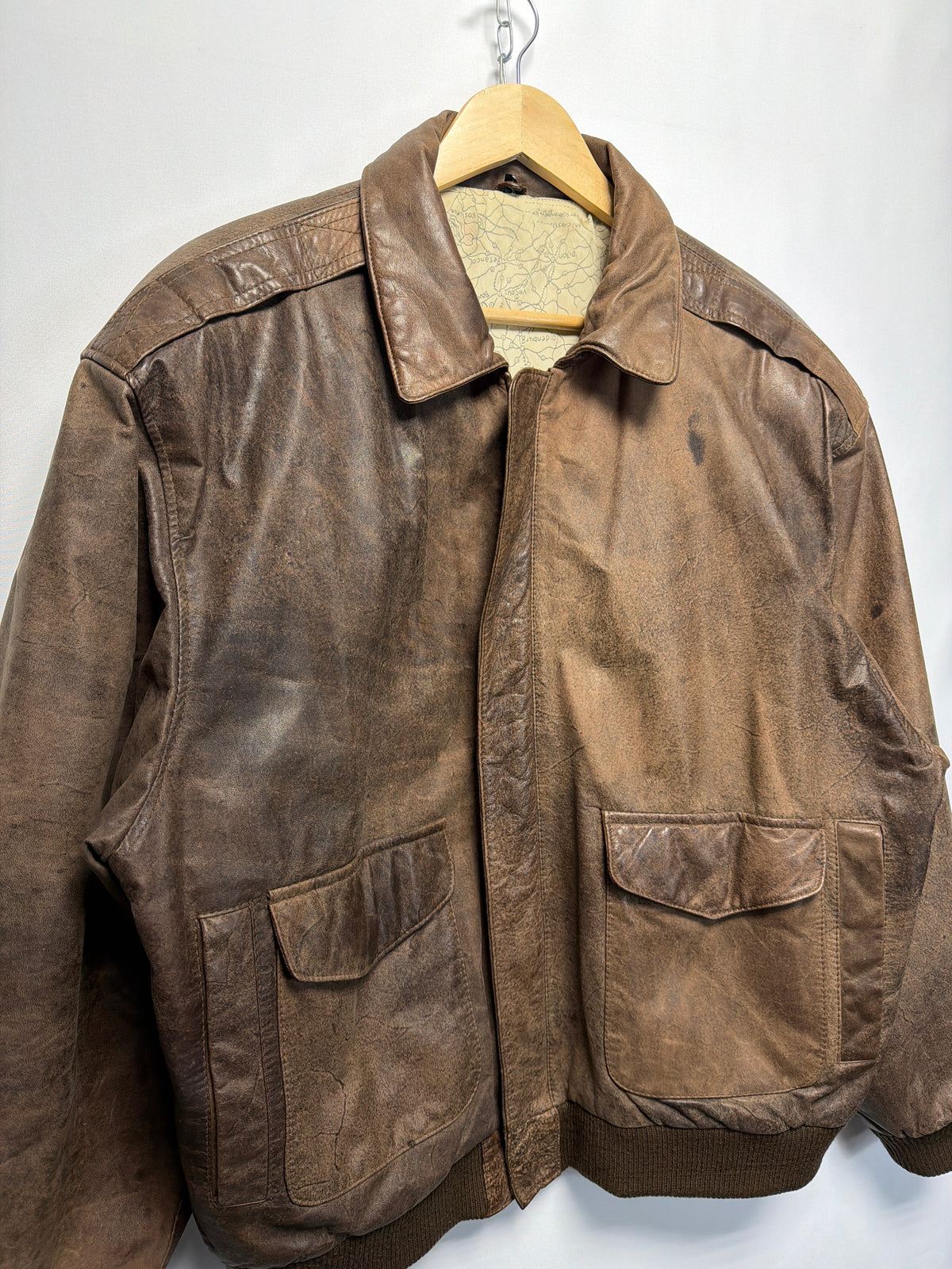 Vintage Leather Map Lining Bomber Jacket