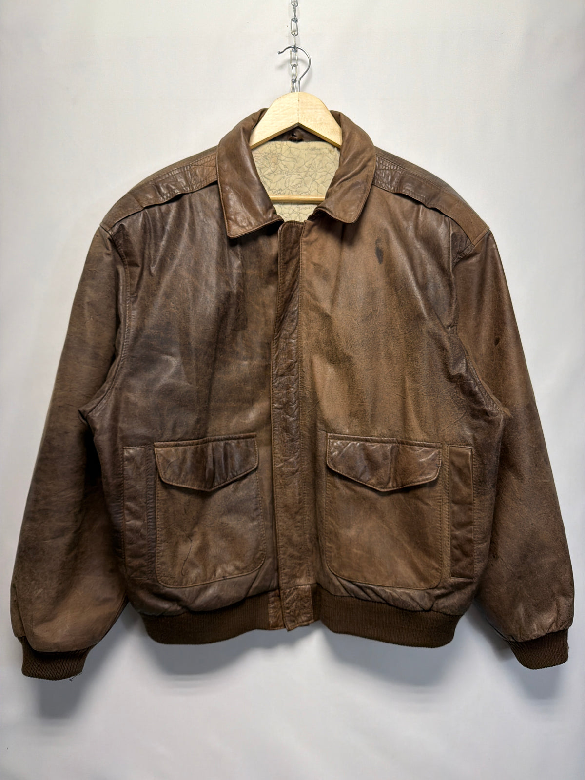Vintage Leather Map Lining Bomber Jacket